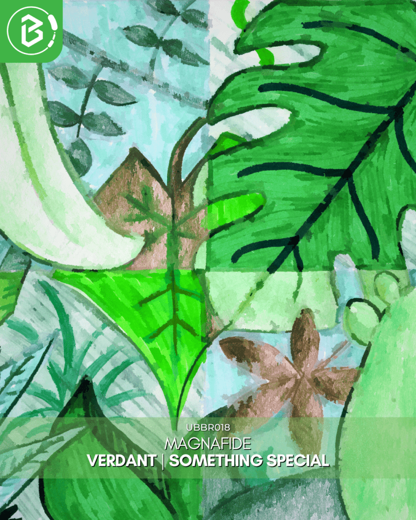 Watercolor painting of plants with text: UBBR018 Magnafide, Verdant, Something Special