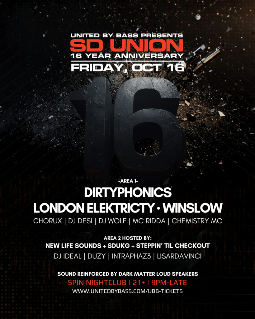 Graphic with text: United By Bass Presents, SD Union, 16 Year Anniversary, Friday, October 16, 2026, Dirtyphonics, London Elektricity, Winslow