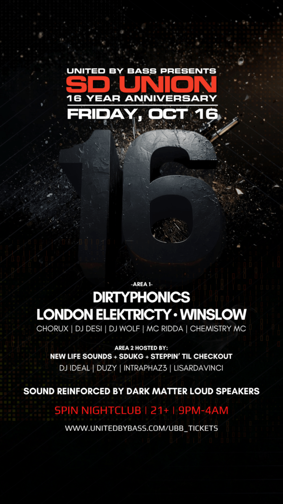 Graphic with text: United By Bass Presents, SD Union, 16 Year Anniversary, Friday, October 16, 2026, Dirtyphonics, London Elektricity, Winslow
