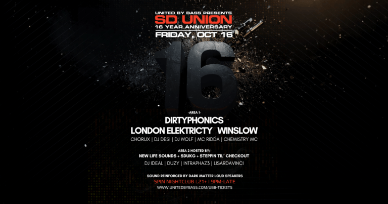 Graphic with text: United By Bass Presents, SD Union, 16 Year Anniversary, Friday, October 16, 2026, Dirtyphonics, London Elektricity, Winslow