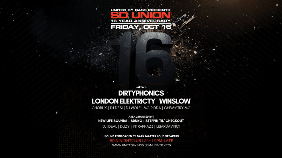 Graphic with text: United By Bass Presents, SD Union, 16 Year Anniversary, Friday, October 16, 2026, Dirtyphonics, London Elektricity, Winslow