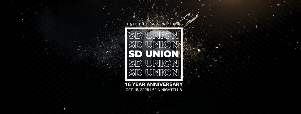Graphic with text: United By Bass Presents, SD Union, 16 Year Anniversary, Friday, October 16, 2026